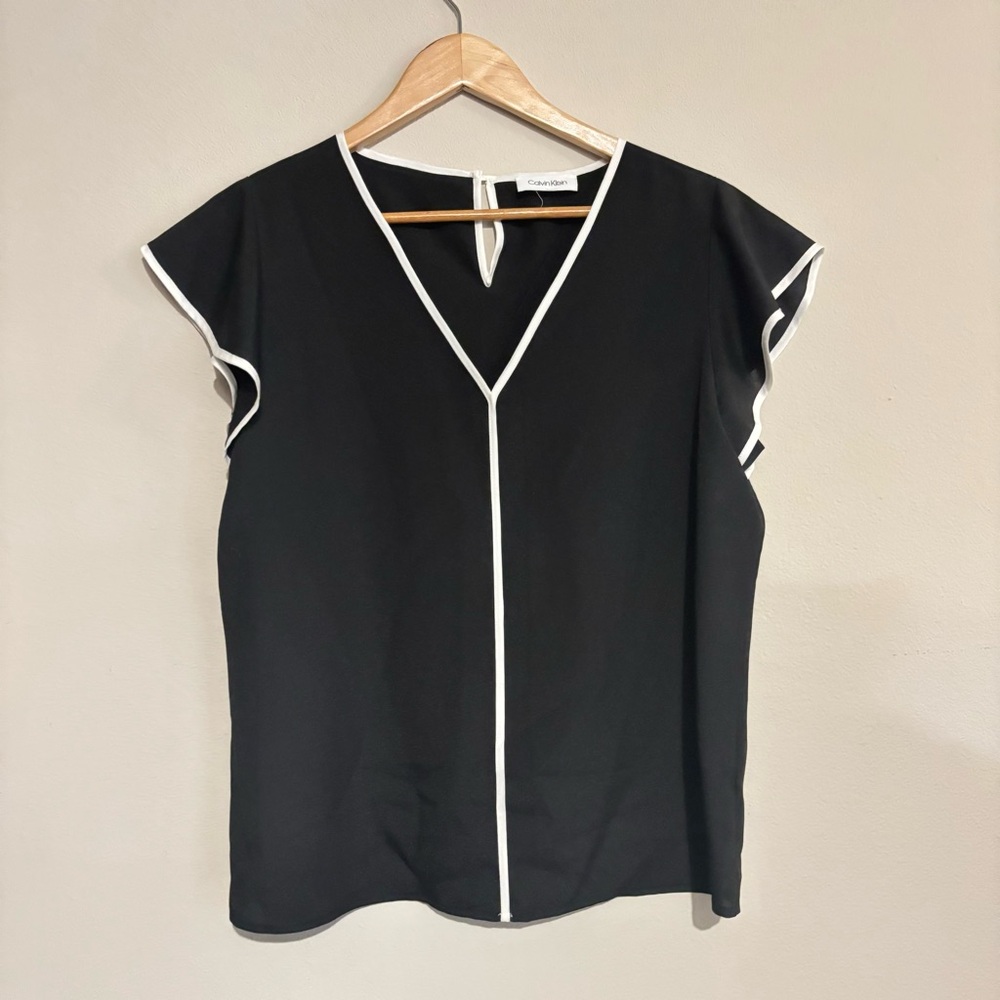 Calvin Klein Black V-Neck Blouse with White Trim